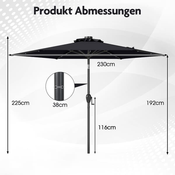 230 cm svart terrasseparasoll med LED-solcellelys