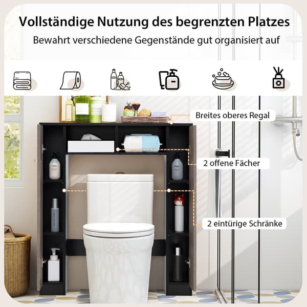 Badeværelseshylde over toilettet med dobbeltdøre, sort