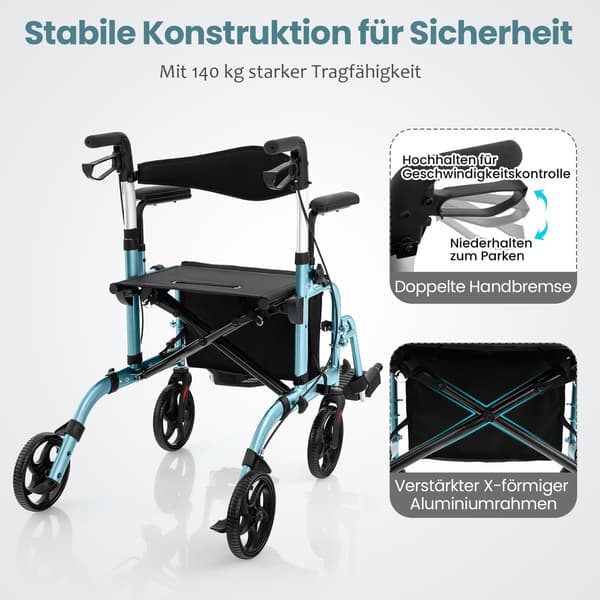2-i-1 Rollator Gåstol & Transportstol, Blå, Sammenklappelig