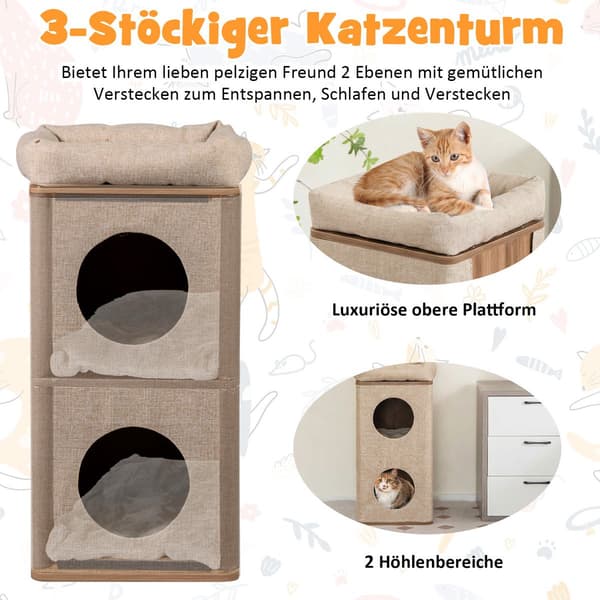 3-etasjes kattetårn med klorebrett og matter, beige