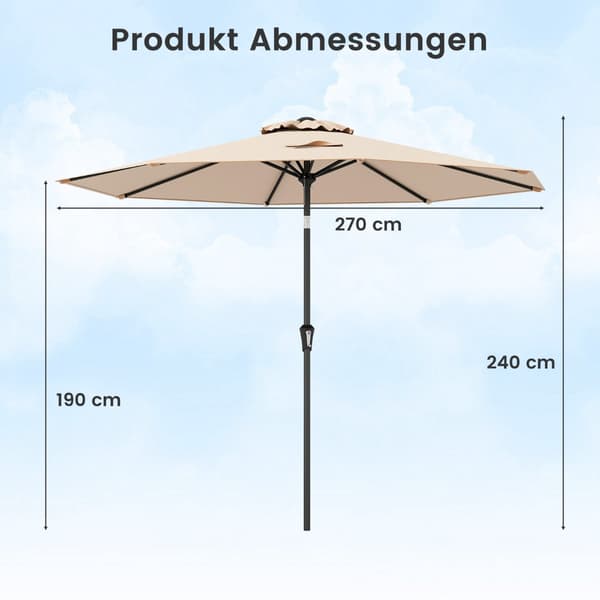 270 cm brun terrasseparasol med håndsving og vippemekanisme