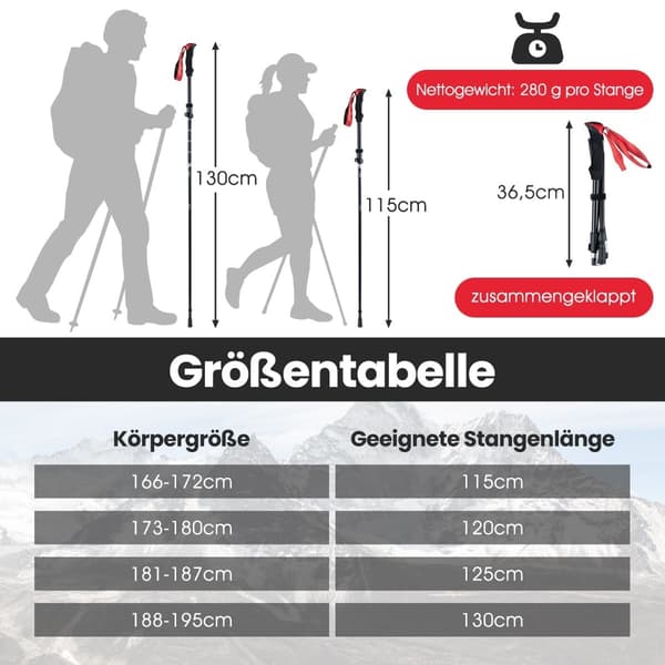 Sammenleggbare turstaver, hurtiglås, 115–130 cm, rød