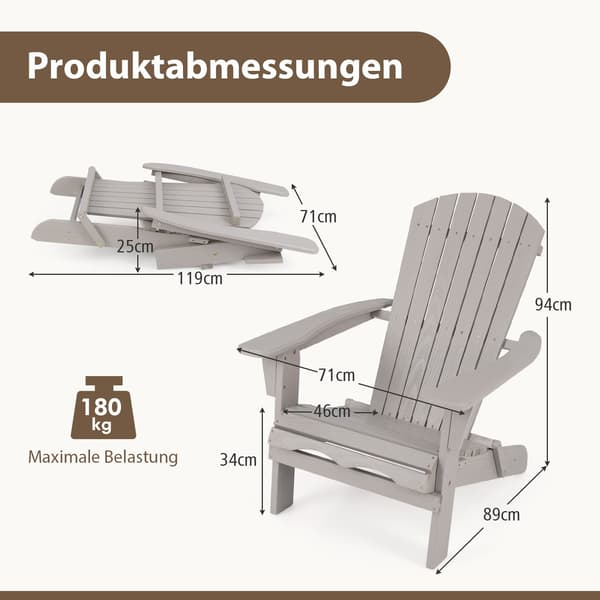 Hopfällbar Adirondack-stol, grått trä, högt ryggstöd