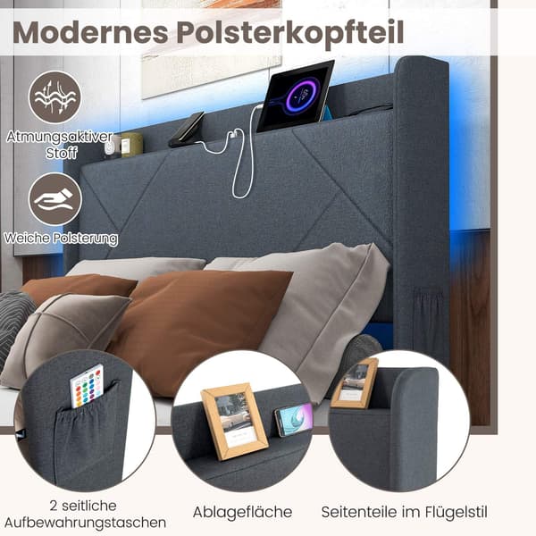 Plattformseng med LED-lys, ladestasjon, grå, 200x160 cm