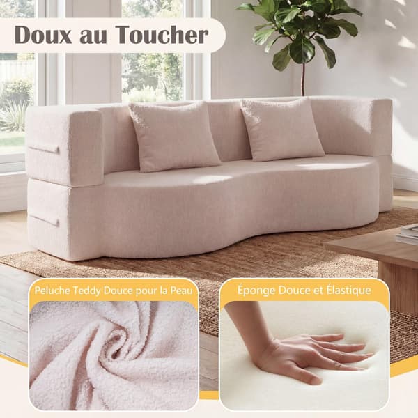 Hopfällbar bäddsoffa 192,5 cm, teddyfleece, 2 kuddar