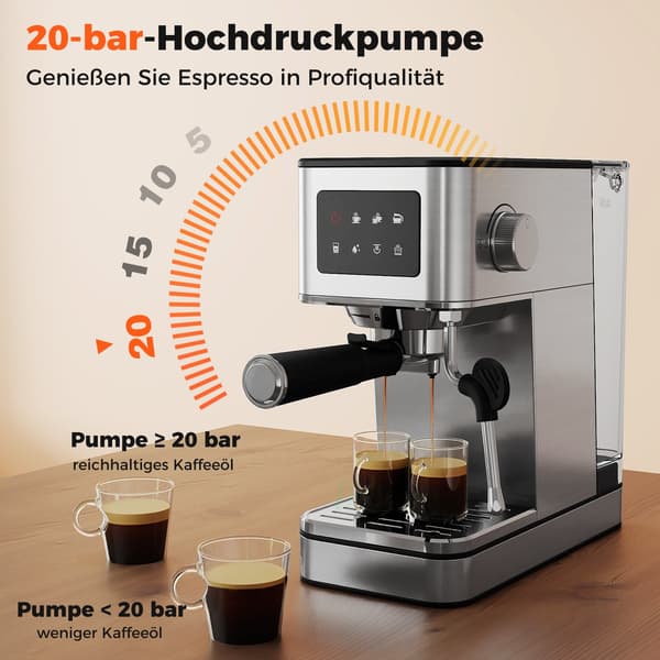 Espressomaschine med Milchaufschäumer, 20 bar, berøringsskjerm, 1,7L