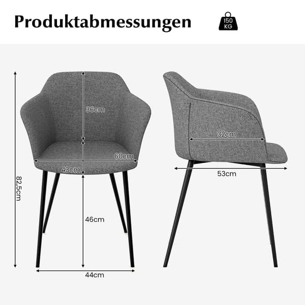 Sæt med 2 grå ergonomiske spisestole med linnedsæde