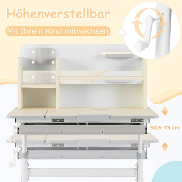 Justerbart børnebord med vippeplade, hylder og skuffe