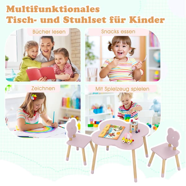 Blomformat barnbord, rosa, trä, 1 bord + 2 stolar