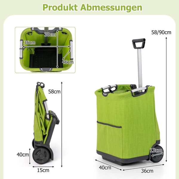 Sammenleggbar 50L handlevogn med justerbart håndtak