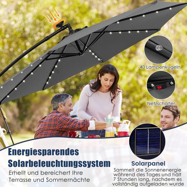 Aurinkokäyttöinen ulokevarjo, 300 cm, 40 LED-valoa, harmaa