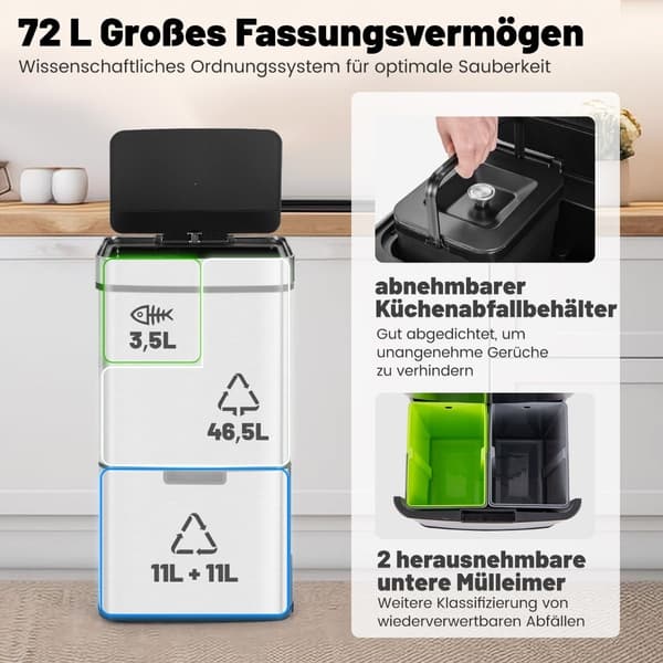 72L berøringsfri søppelbøtte i rustfritt stål med sensor