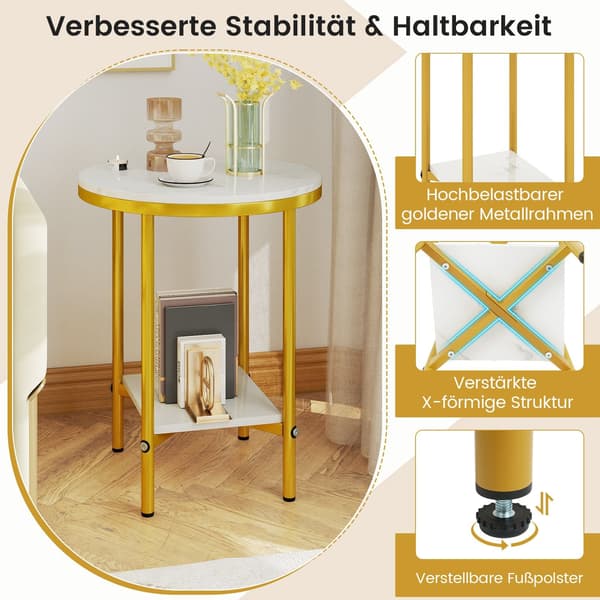 Runt soffbord med marmorlook, 2 våningar, vit/guld