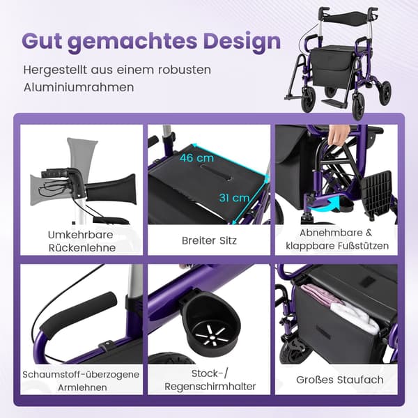 2-i-1 rollator og kørestol, foldbar, 23 cm lufthjul