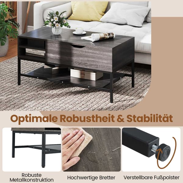 Lyftbart soffbord med förvaring, justerbar höjd, grå