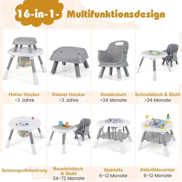 Konvertibel 16-i-1 barnstol med bricka och sele