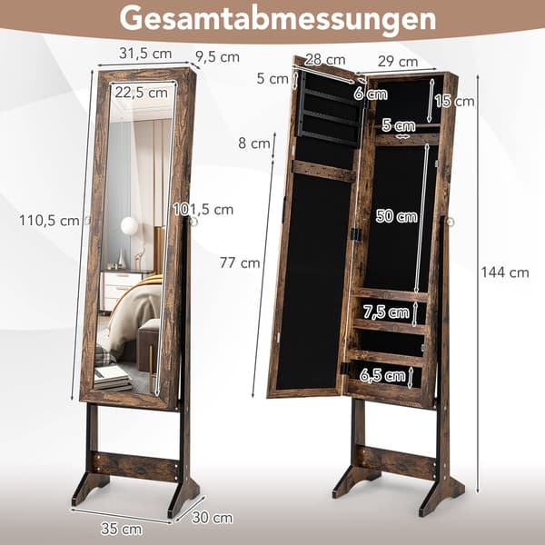 Justerbart smyckesskåp med helfigursspegel, brunt