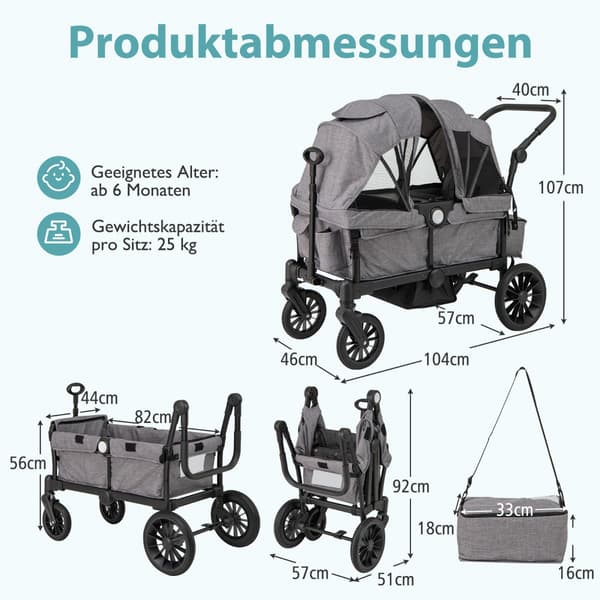 Sammenklappelig dobbelt klapvogn med justerbart håndtag, grå