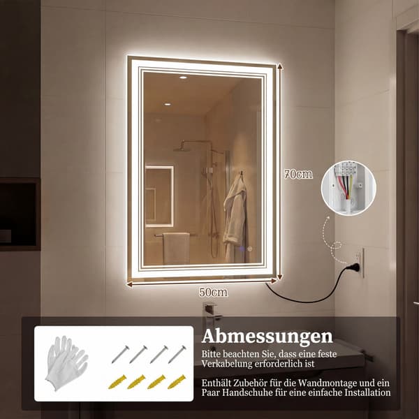 LED-baderomsspeil, antidugg, minne, 70x50 cm
