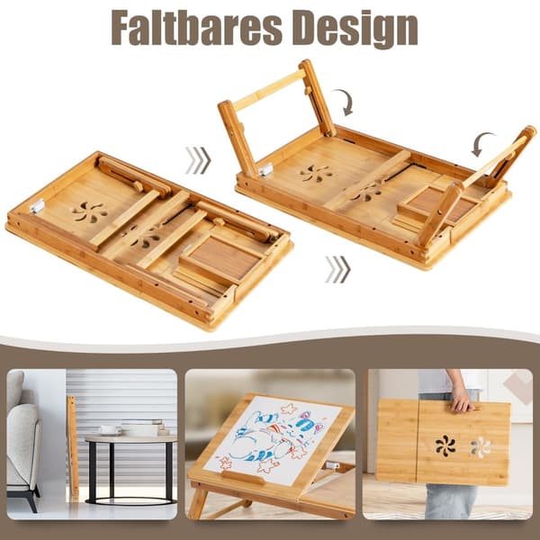 Justerbart laptopbord i bambus med vippeplate, sammenleggbart