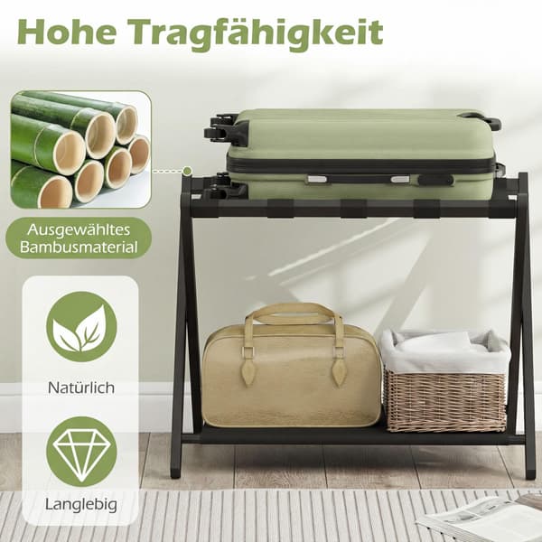 Hopfällbart bagageställsset, bambu, dubbel förvaring, svart