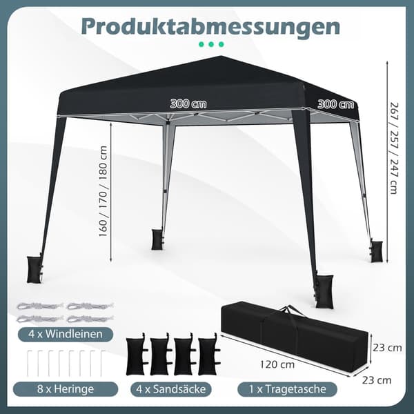 Justerbar, vandtæt pop-up-pavillon, 3x3m, sort