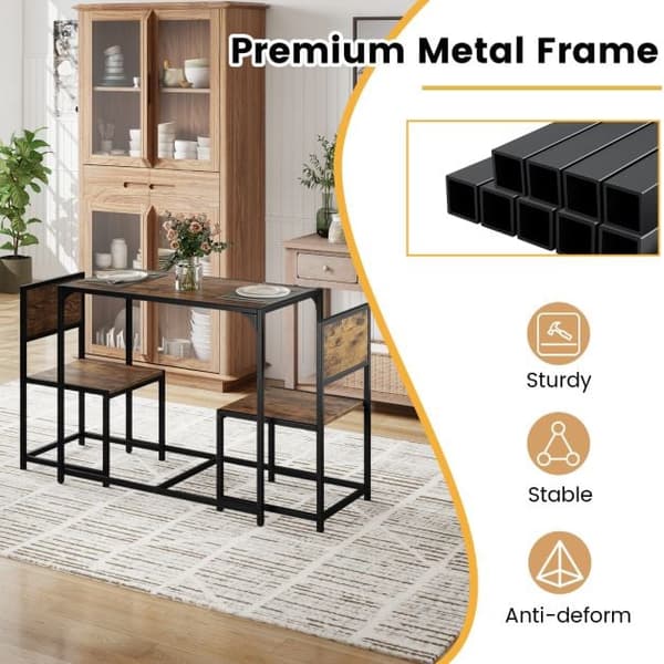 3-delt spisebordsett for 2, metallramme, rustikk brun