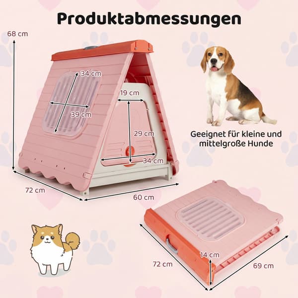 Udendørs hundehus med ventilerede vinduer, foldbart, lyserødt