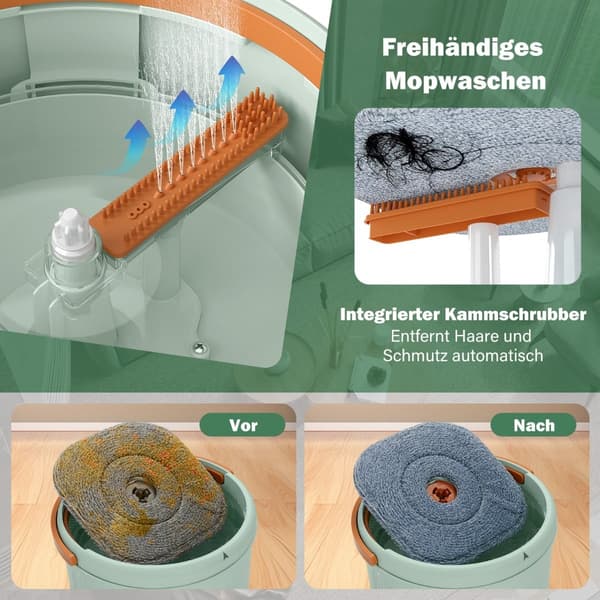 Flat gulvmopp og bøttesystem, 4 l, 360 rotasjon, grønn