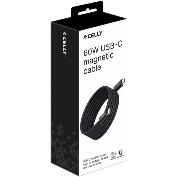 USB-C magnetisk flätad kabel, 60W, 1m, svart