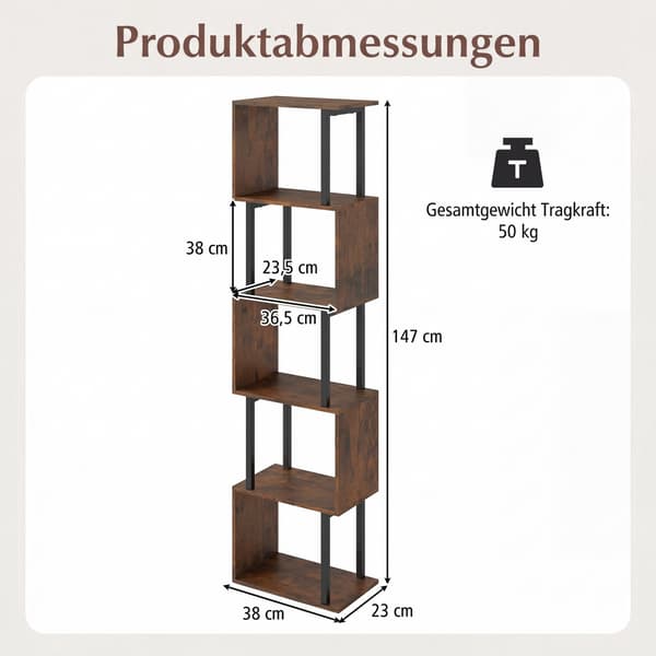 5-våningars geometrisk bokhylla med tippskydd, rustik brun