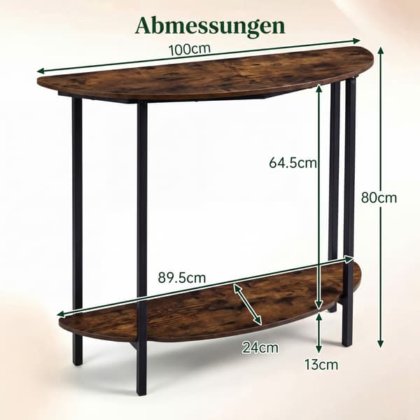 Halvmåneformad konsolbord med 2 hyllor, rustik brun