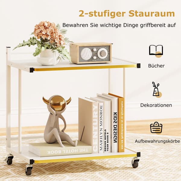 Rullende sidebord med 2 hyller, C-formet, hvit
