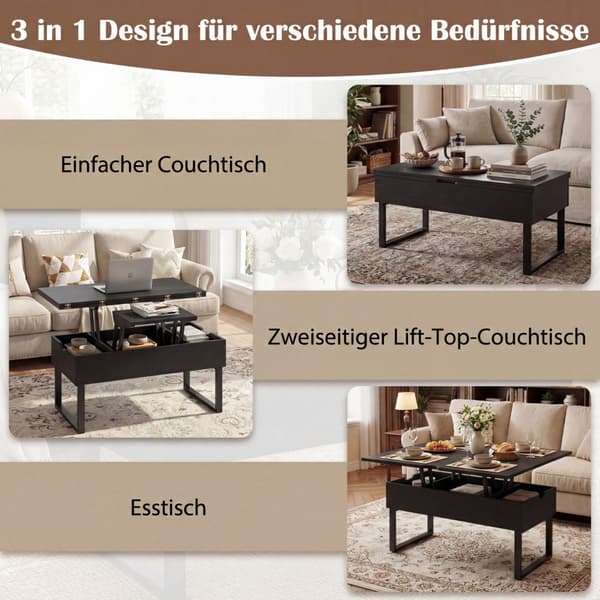Lyftbart soffbord med dold förvaring, svart, 3-i-1-design