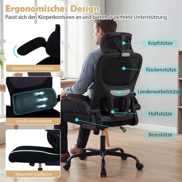 Ergonomisk kontorstol med lændestøtte, sort