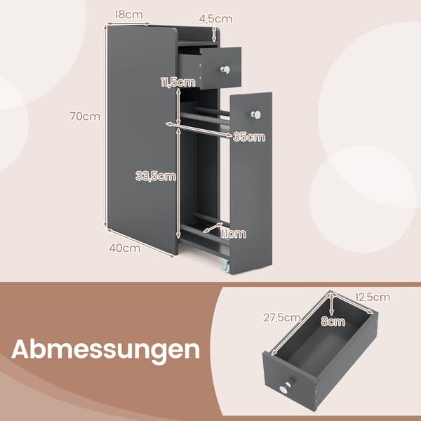 Slankt baderomsskap med skuffer, grått, plassbesparende design