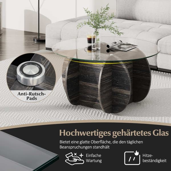 Runt soffbord, härdat glas, dold förvaring