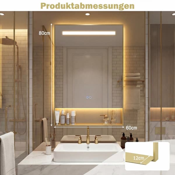 LED-badrumsspegel, imfri, 3 ljusfärger, 80x60 cm