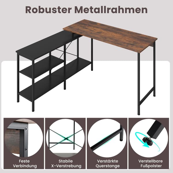 Vändbart L-format skrivbord med hyllor, rustik brun