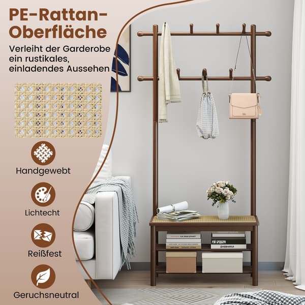 Kapphängare med skobänk, bambu, 2 stänger, 13 krokar