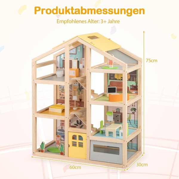 Trædukkehus med møbler og figurer, design til flere rum