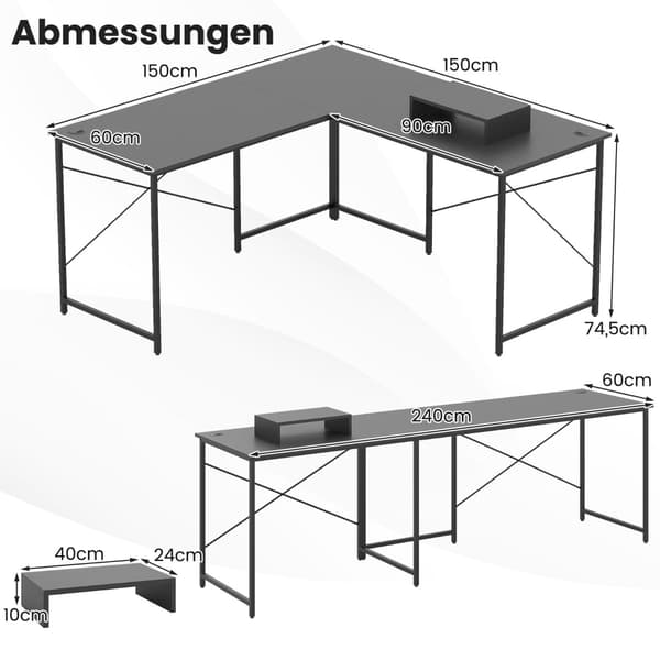 Vendbart L-formet skrivebord med ladestation, grå