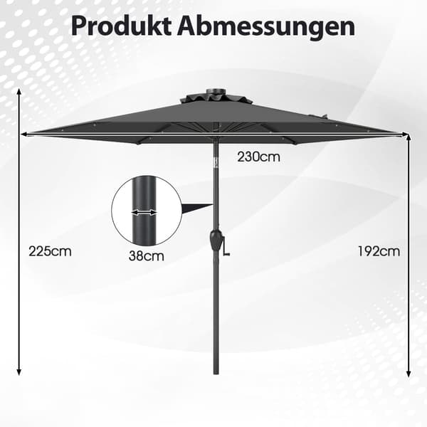 230 cm terrasseparasol med LED-solcellelys og håndsving
