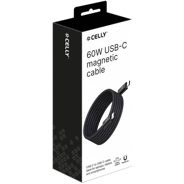 USB-C magnetisk flettet kabel, 60W, 2m, sort