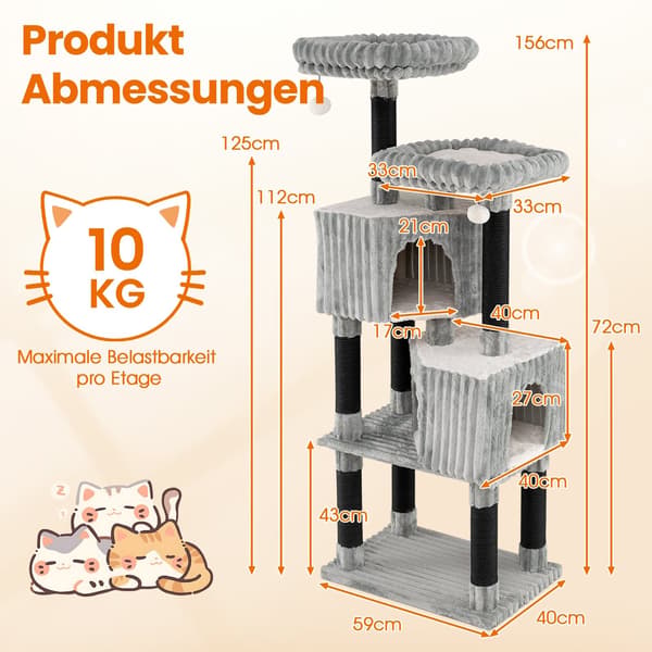 Høyt kloretre med 2 huler, senger og klorestativer, 156 cm