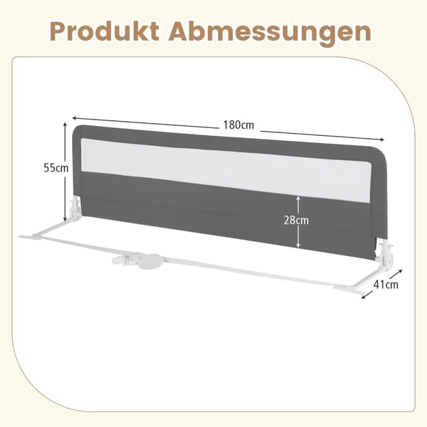Hopfällbar sänggrind 180 cm med säkerhetsremmar, grå