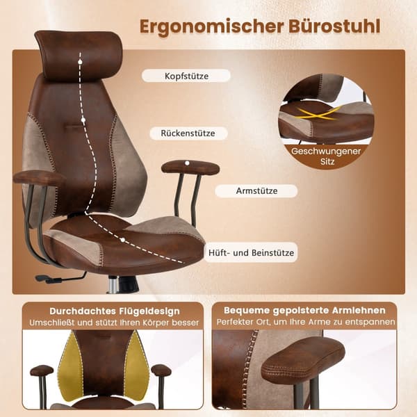 Ergonomisk kontorsstol med mockatyg, justerbart nackstöd