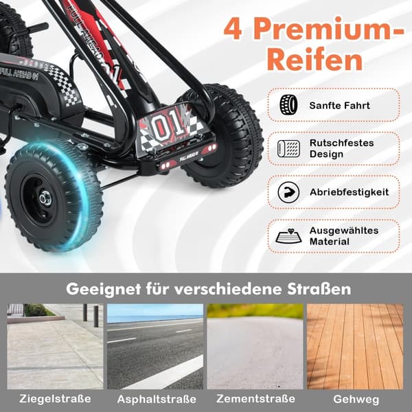 Pedal Gokart til børn, justerbart sæde, håndbremse, sort