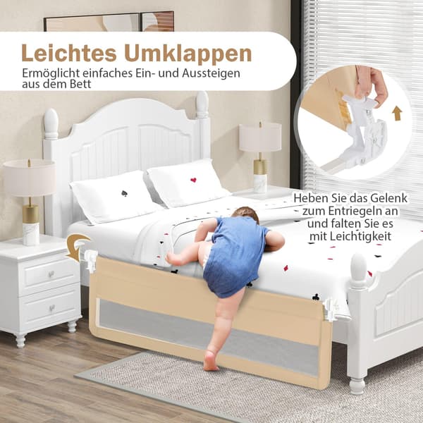 180 cm fällbar sänggrind med säkerhetsremmar, beige