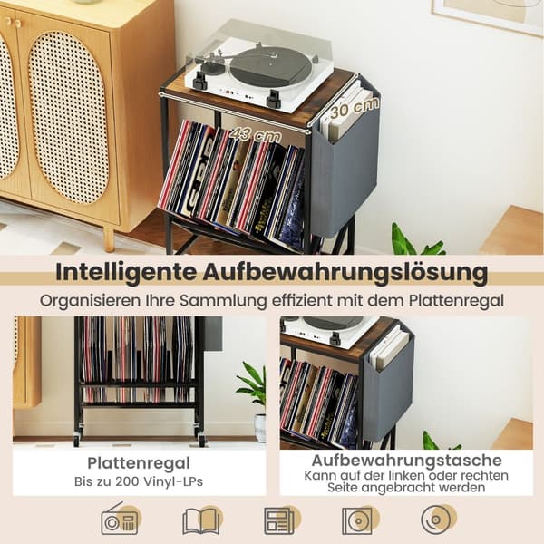 Rullende pladespillerstativ med vinylopbevaring, rustik brun
